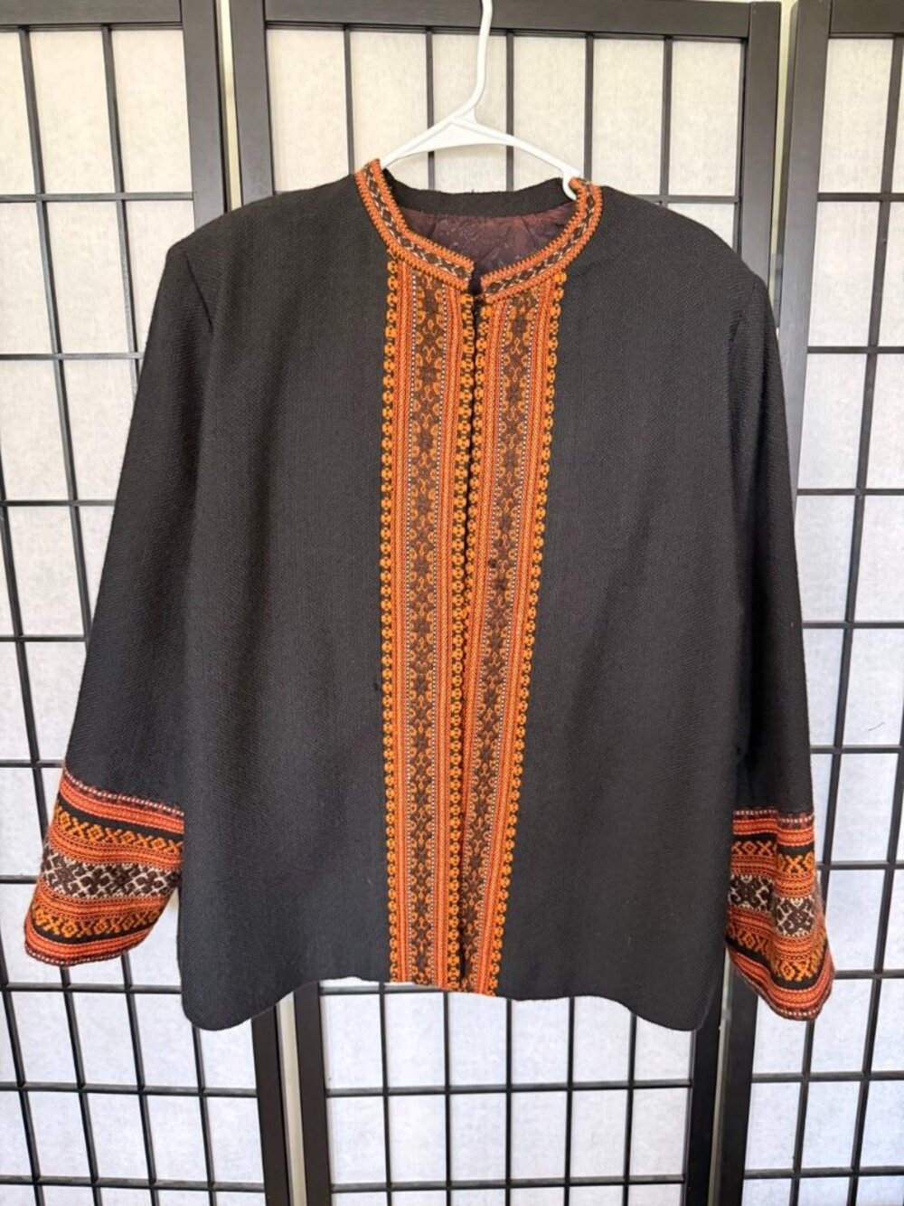 Vintage Ethnic Woven Trim Jacket & Skirt Set Black Orange Boho Size XL